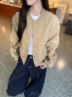 Ins American Autum Retro Gray Short Baseball Jacket Women's Autum Loose Casual Jacket Top Dark Gray