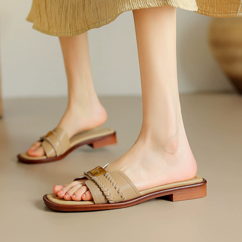 Retro woven summer slippers with a strap, genuine leather