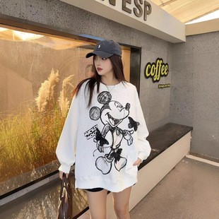 Korean-style Heavy Industry Diamond-encrusted Cartoon Printed Round Neck Sweatshirt Women's 2025 Chun-foreign Style Sweet Loose Slim-fit Long-sleeved Top