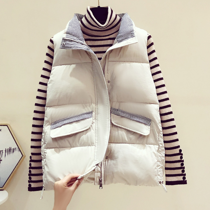 Versatile down Cotton Vest for Women, Sleeveless with Pockets, Striped and Plaid Design, Autumn/Winter 2024 Style