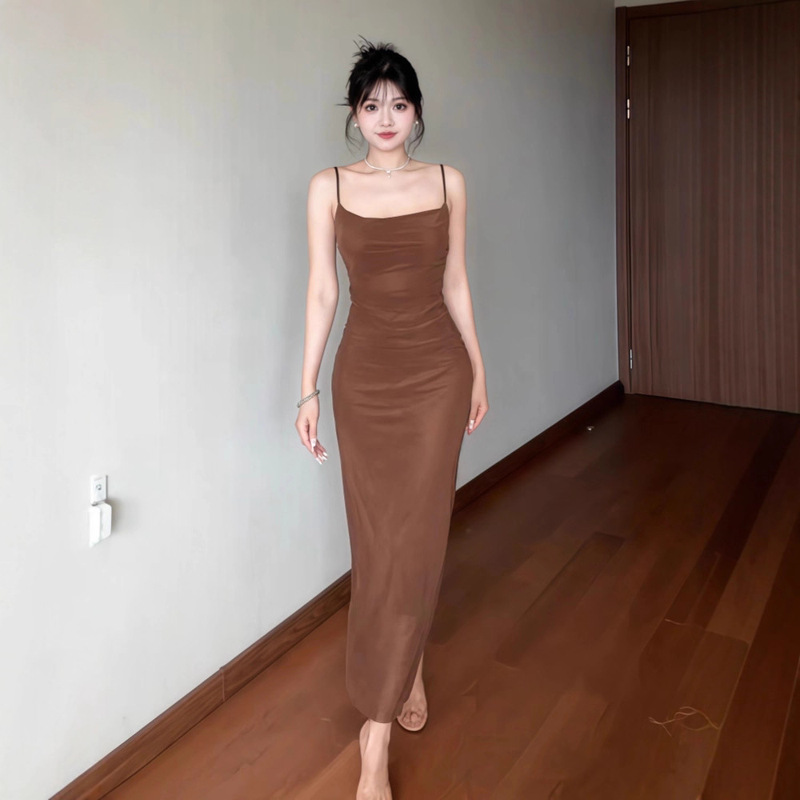法式咖色吊带连衣裙女夏季网纱拼接收腰修身裙子纯欲紧身包臀长裙|undefined