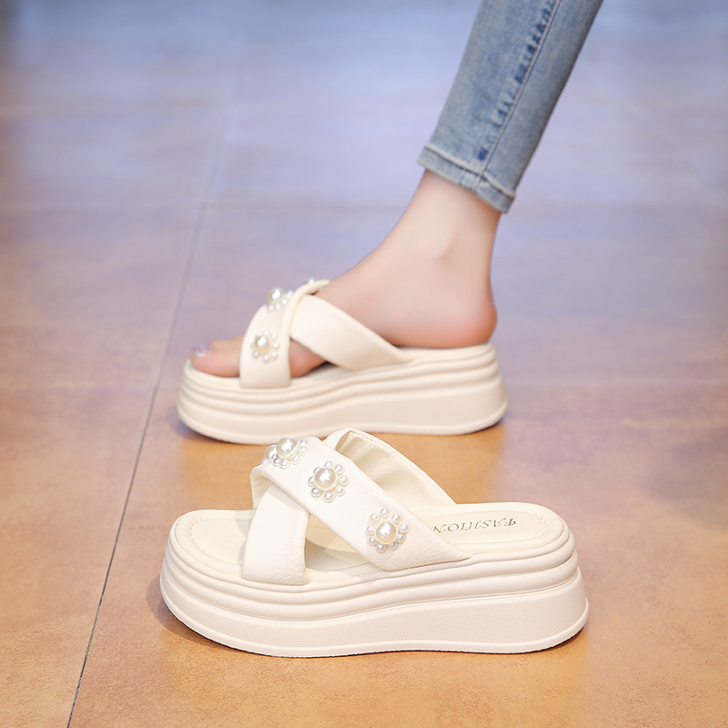 Thick-Soled Sandals for Women 2025 New Summer Pearl Design with Skirt Cross-Strap One-Line Slippers for Women