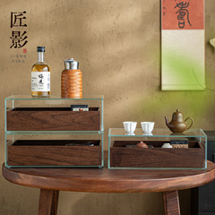 高档防尘收纳柜牙科柜家用胡桃木纹玻璃展示柜茶具茶杯多层置物柜