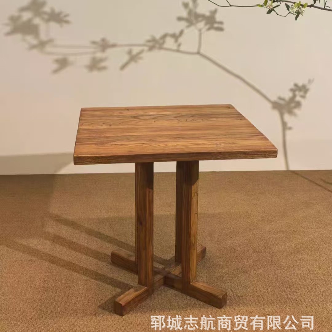 Wabi-Sabi Style Old Elm Coffee Table, Guesthouse Tavern Solid Wood Square Table, Home Living Room Chinese Retro Dining Table and Chairs