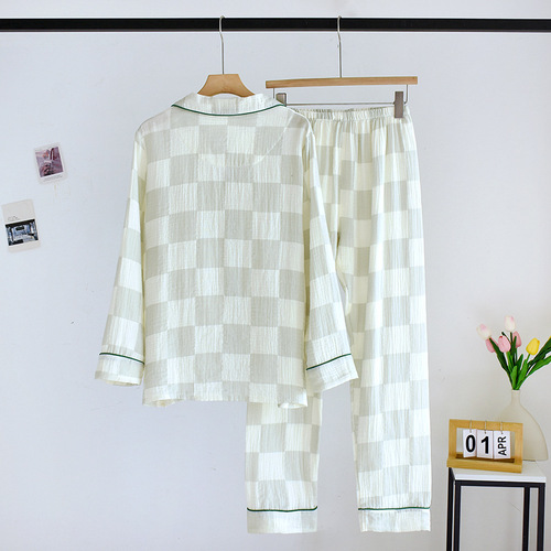  New Spring and Autumn Pure Cotton Yarn Couple Checkered Pajamas Cute Panda Long Sleeves and Pants Home Clothing Set