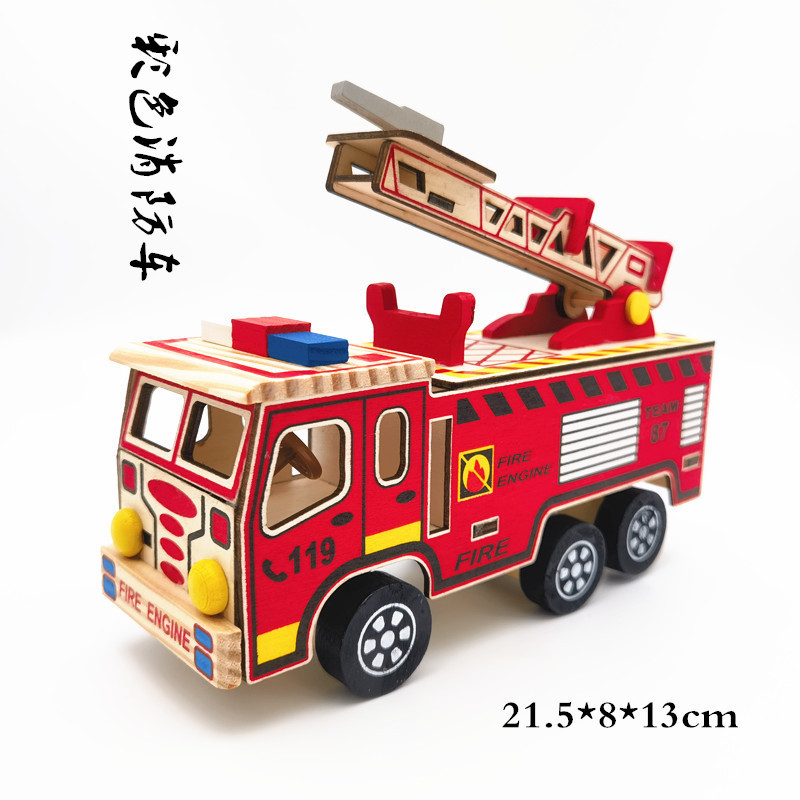 Factory direct wooden color fire truck model ornaments children's toys car model color lifting fire truck wholesale