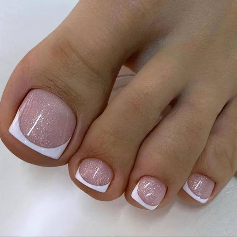 Cross-Border Wearable Nail Powder with Shiny White Edges, Light Sweet French Style Short Square Toenails, Wearable Toenail Nail Art Tips Wholesale Cross-Border Wearable Nail Powder with Shiny White Edges, Light Sweet French Style Short Square Toenails, Wearable Toenail Nail Art Tips Wholesale