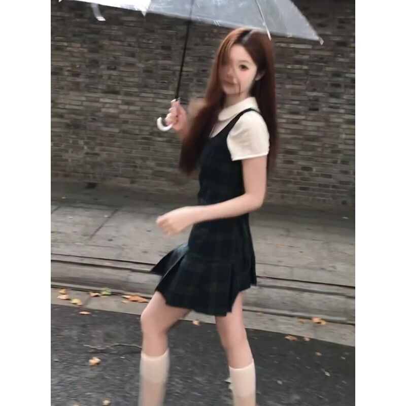 Sweet and Spicy Girl Niche Style Korean Plaid Vest Dress for Women, Summer Two-Piece Set with Doll Collar Shirt Sweet and Spicy Girl Niche Style Korean Plaid Vest Dress for Women, Summer Two-Piece Set with Doll Collar Shirt