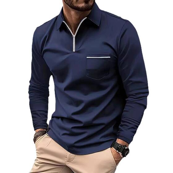 Cross-border European and American Men's plus size Men's Thin Solid Color Long-sleeved Polo Shirt Levers Zipper Slim Top