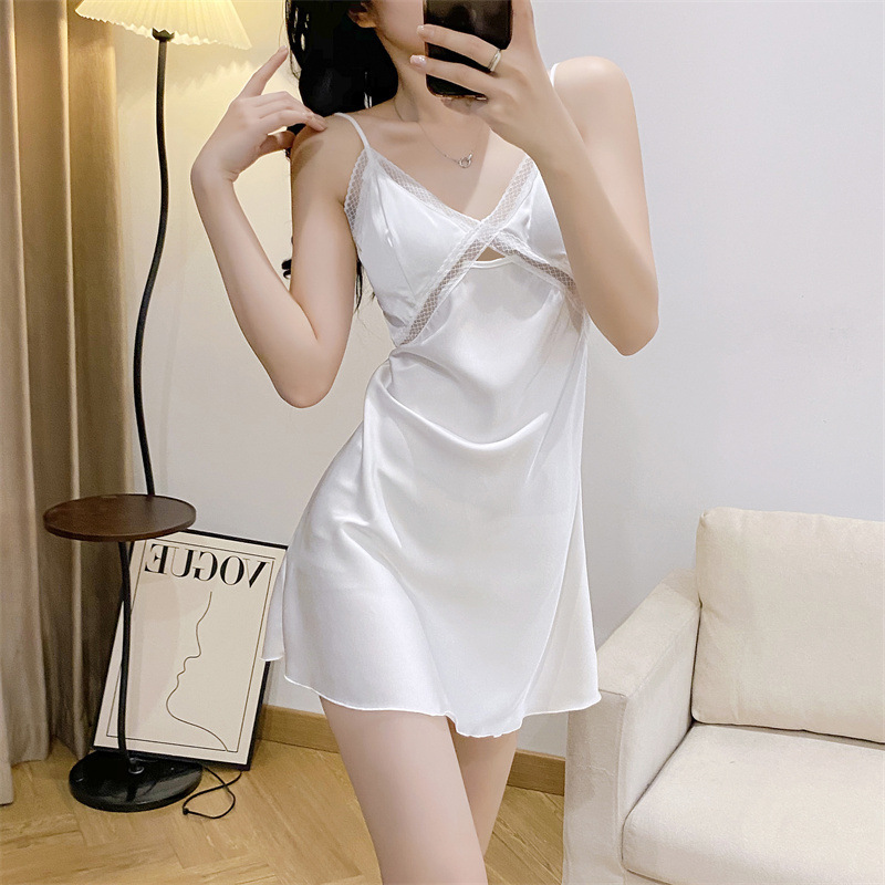 가슴 패드가 있는 여성용 섹시 실크 잠옷, 작은 가슴을 위한 레이스 슬립 드레스, 부드러운 스타일의 홈웨어, 봄 여름 민소매