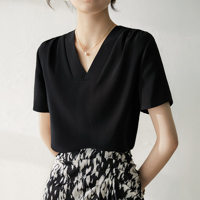 Grade 6A Stretch Crepe Mulberry Silk V-neck T-shirt Top Silk Small Shirt Black White High-end Women's Summer