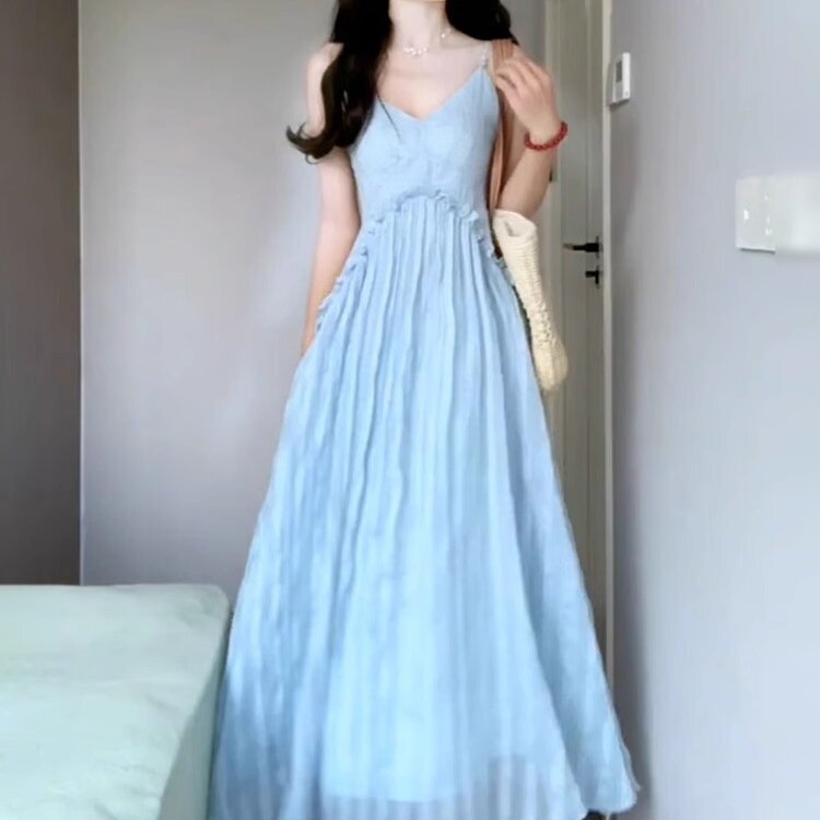 蓝色无袖吊带连衣裙子女夏季2025新款法式高级感海边度假沙滩长裙|undefined
