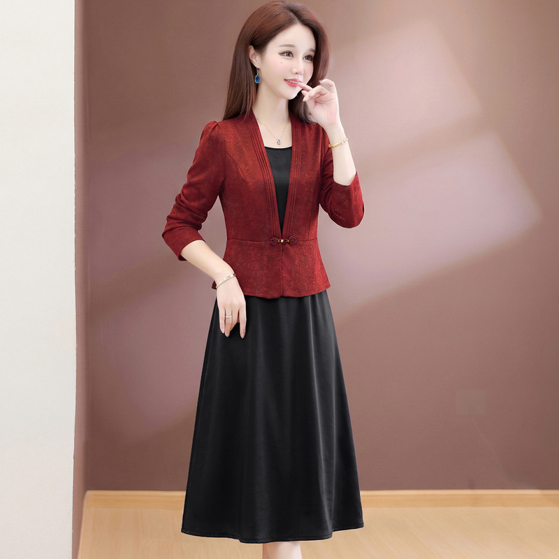 Two-piece dress, new autumn 2026 model, new Chinese-style elegant dress for mother of the bride, beautiful and stylish mid-length dress for weddings