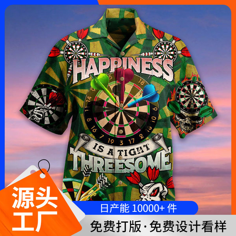 2023 new cross-border men's plus size 3D shirt darts series 3D digital printing Hawaiian short sleeve lining