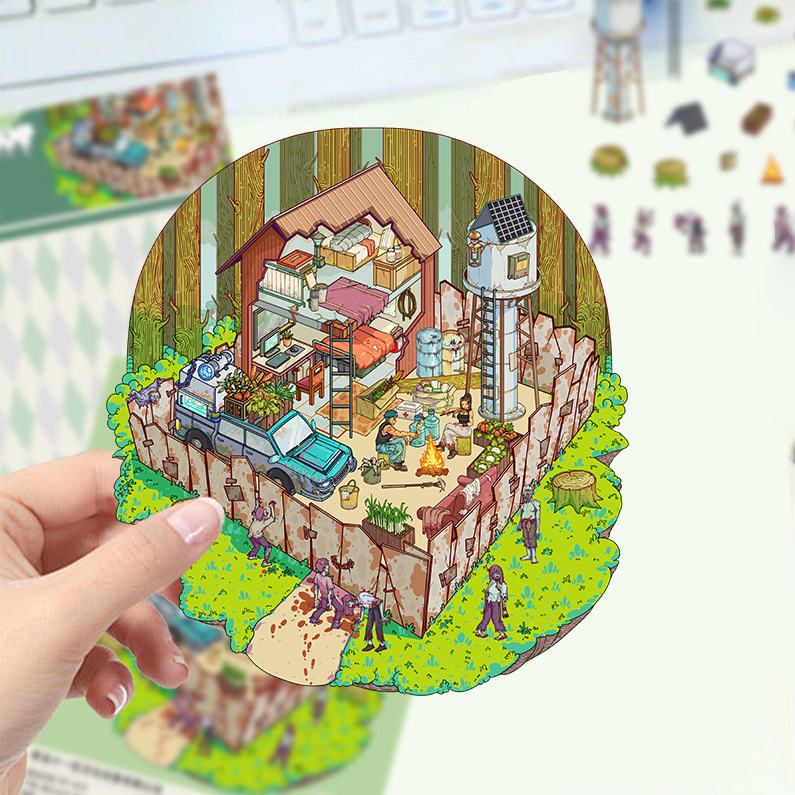 漫画造園ステッカー、さまざまなミニチュア世界 3D キャビン、リトルレッドブック減圧 DIY シーンハンドブックステッカー卸売 PET|undefined