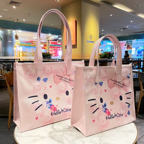 Mist Flower KT Cat PU Tote Bag Shoulder Bag Pink Girly Heart Flower Pattern Large Capacity Commuting Mommy Bag