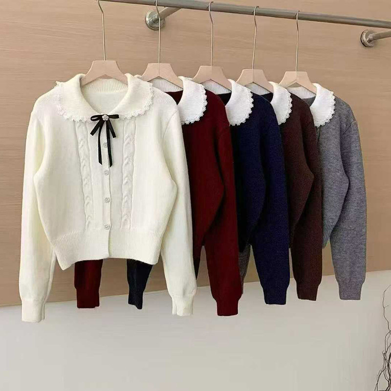Preppy style doll collar bow knitted cardigan for women, autumn and winter Korean versatile age-reducing sweater coat, short top Preppy style doll collar bow knitted cardigan for women, autumn and winter Korean versatile age-reducing sweater coat, short top