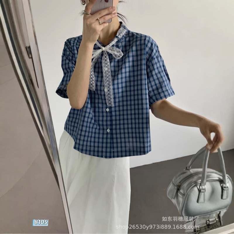 French-Style Gentle Thin Cotton Plaid Shirt for Women, Korean-Style Collar Design, Loose and Slimming Short-Sleeve Top Ot196 French-Style Gentle Thin Cotton Plaid Shirt for Women, Korean-Style Collar Design, Loose and Slimming Short-Sleeve Top Ot196