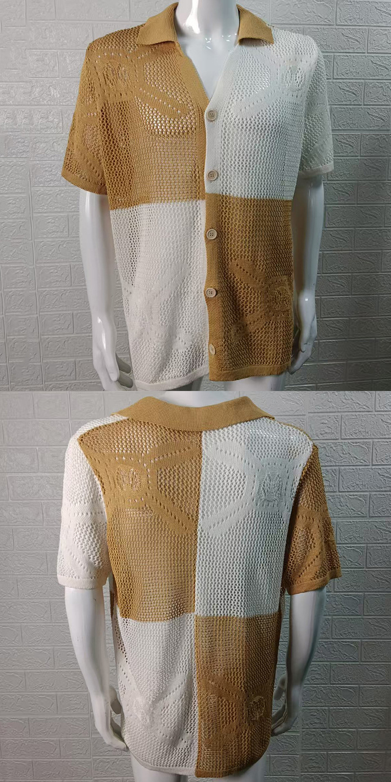 Color Block Hollow Knit Sweater Turn-Down-Kragen Kurzarm-Cardigan Dünn Sommer Muscle Plus Size Herrenbekleidung_voghion.com