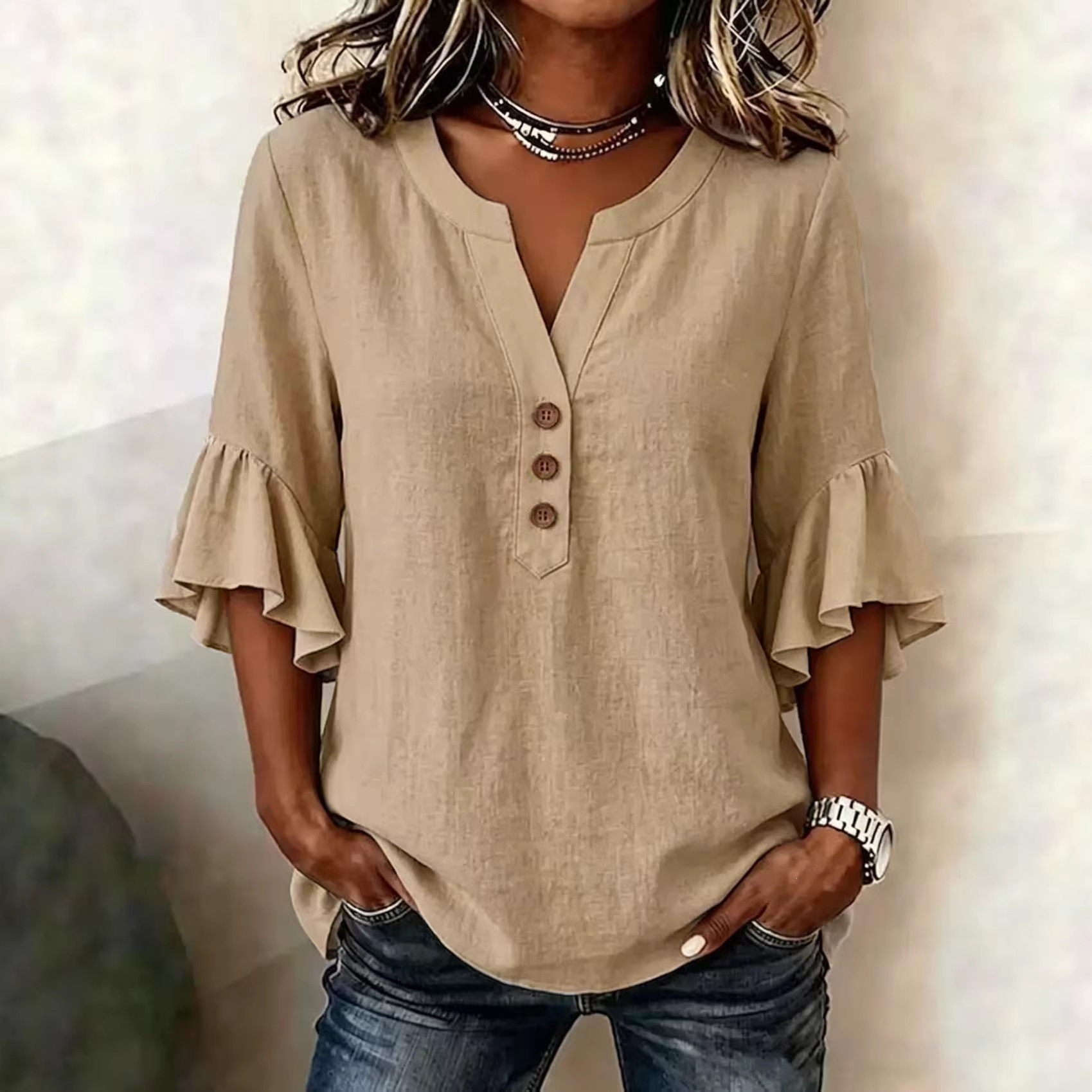 Women's Clothing Women's Solid Color V Neck Top Three Quarter Sleeve Ruffled Casual Cotton And Linen Blend For Formal & Casual For Women_ecoleips.com