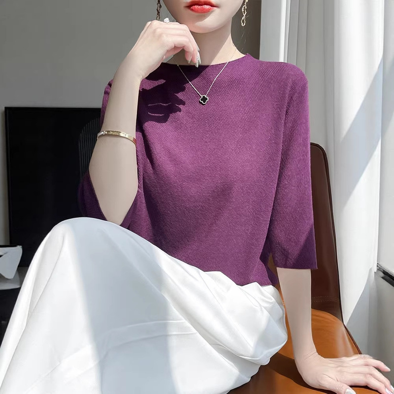 Spring and Summer New Style Fine-Spun Half-Turtleneck Knit Base Shirt Short-Sleeve Women's Solid Color Loose Versatile Elegant Simple Top Spring and Summer New Style Fine-Spun Half-Turtleneck Knit Base Shirt Short-Sleeve Women's Solid Color Loose Versatile Elegant Simple Top