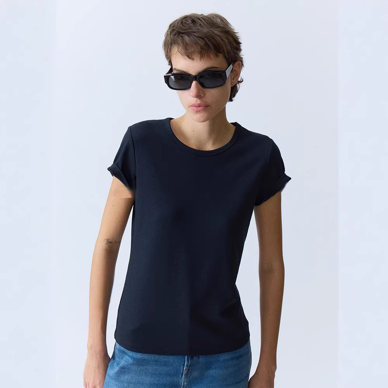 Th~Row Xinjiang Cotton Reverse-Stitched Solid Color Short-Sleeve T-Shirt with Round Neck, Vintage Top for Women, Versatile