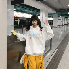 复古手绘字母蝴蝶印花连帽卫衣女2025秋季新款宽松情侣上衣外套
