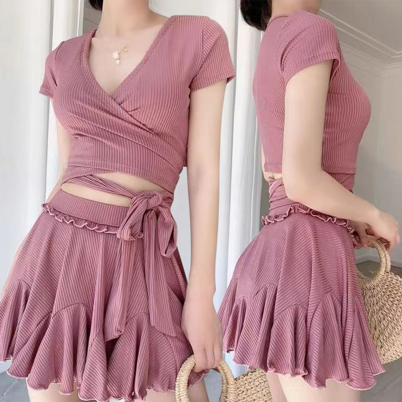 Traje de baño de las mujeres de la División de las mujeres de color sólido de la moda Conservador vientre adelgazar falda francesa nicho avanzado traje de baño de aguas termales