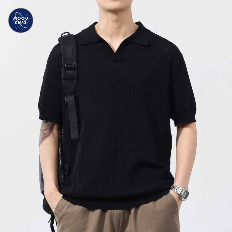 Muchiu Men's Clothing | Summer Thin Ice Silk Cool Short-Sleeved Polo Shirt Men's Seagull Collar Cool Knitted T-Shirt Top