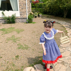 Korean Girls' Checkered Dress Summer New Arrival Korean Style Lace Edge Baby Trendy Princess Dress