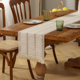 Ins-Style American Table Runner Cotton and Linen Striped Twine Solid Color Fringe Dining Table Decoration Tv Cabinet Coffee Table Sideboard
