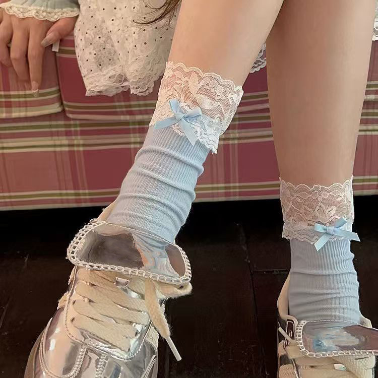春夏miu系洛丽塔芭蕾风蕾丝袜子薄款棉质中筒袜子女网眼堆堆长袜