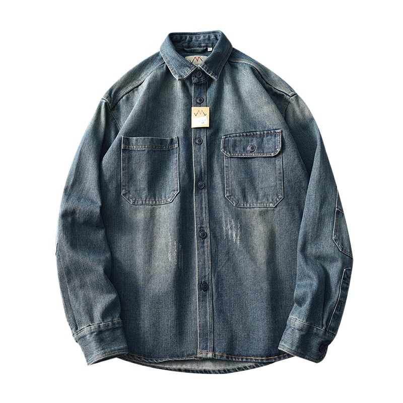 High-quality European And American Vintage Washed Workwear Thick Denim For Men, Loose Long-sleeved Shirt Jacket, Trendy_voghion.com