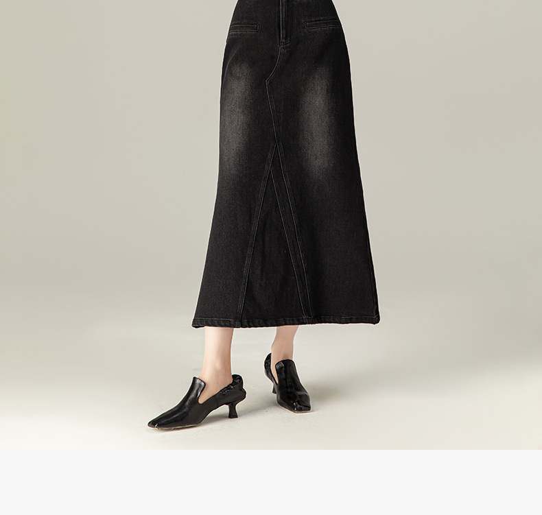 Chân váy denim đuôi cá cổ điển Mỹ, ôm dáng, dài qua gối — Đen xuyên thấu chi tiết 2