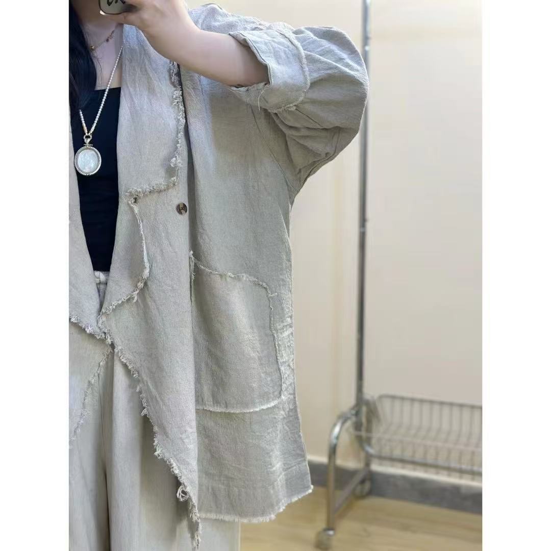 Nami's 2025 Spring New Casual Versatile Frayed Cotton Linen Irregular Buttoned Blazer For Women_ecoleips.com