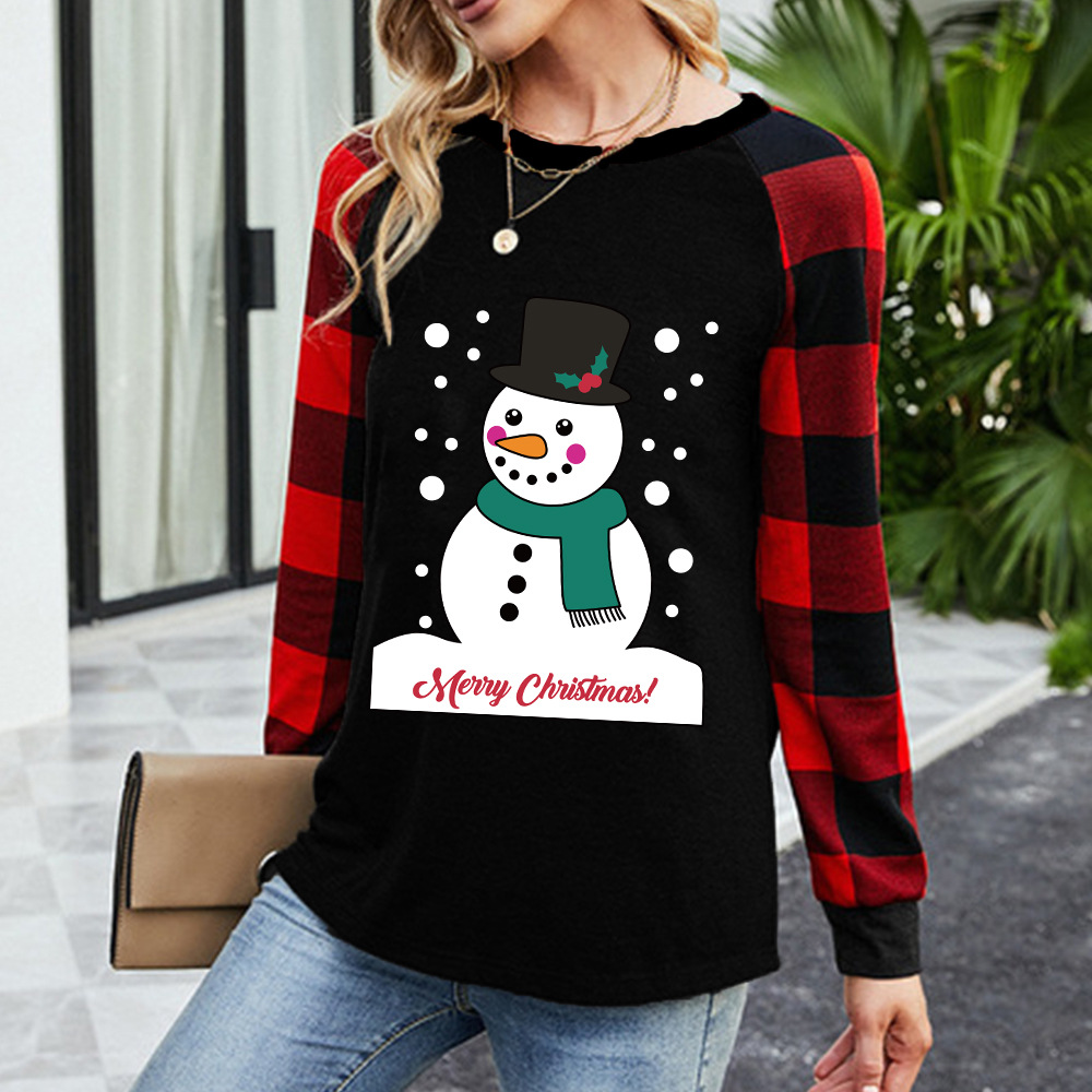 2021圣诞节女款圣诞雪人条纹格子袖宽松套头长袖T恤