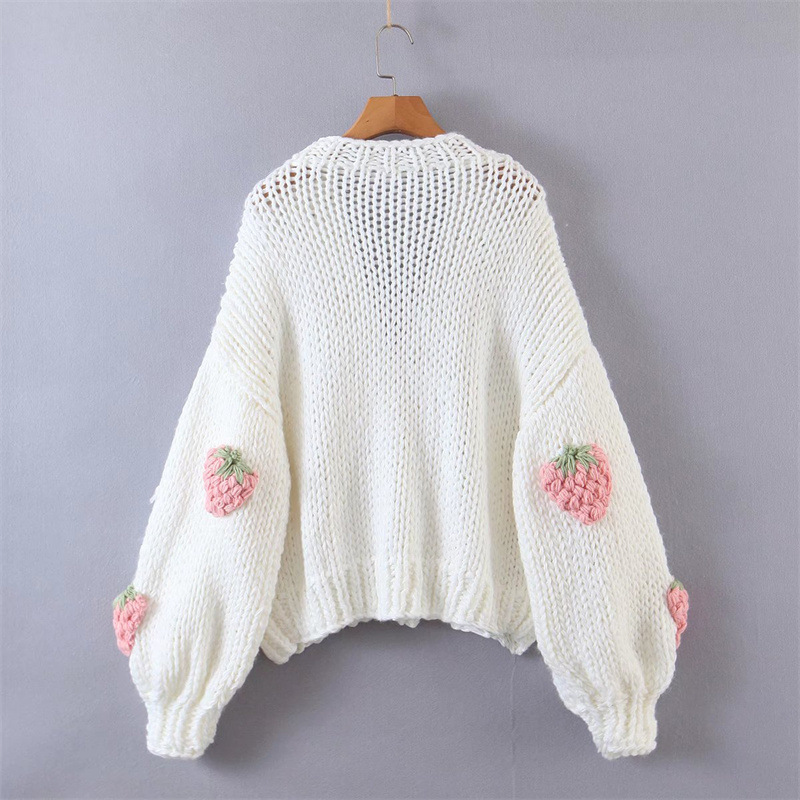 Directo de fábrica Comercio Exterior Europeo y Americano nuevos accesorios de fresa de punto cardigan suéter de las mujeres V-cuello suelta linterna manga abrigo image 5