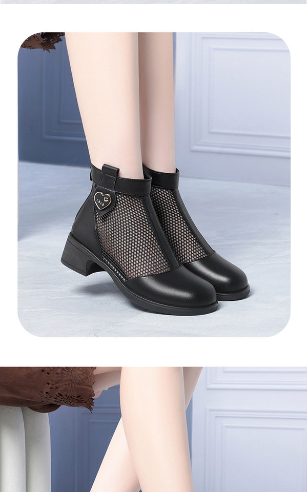 Boot nữ cổ thấp da lưới gót thấp thoáng khí, đế thô chắc chắn — màu đen chi tiết 10