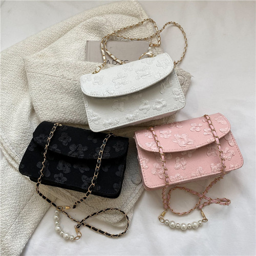 Summer new women's bag trendy fashion pearl handbag silk printed small square bag chain shoulder crossbody bag