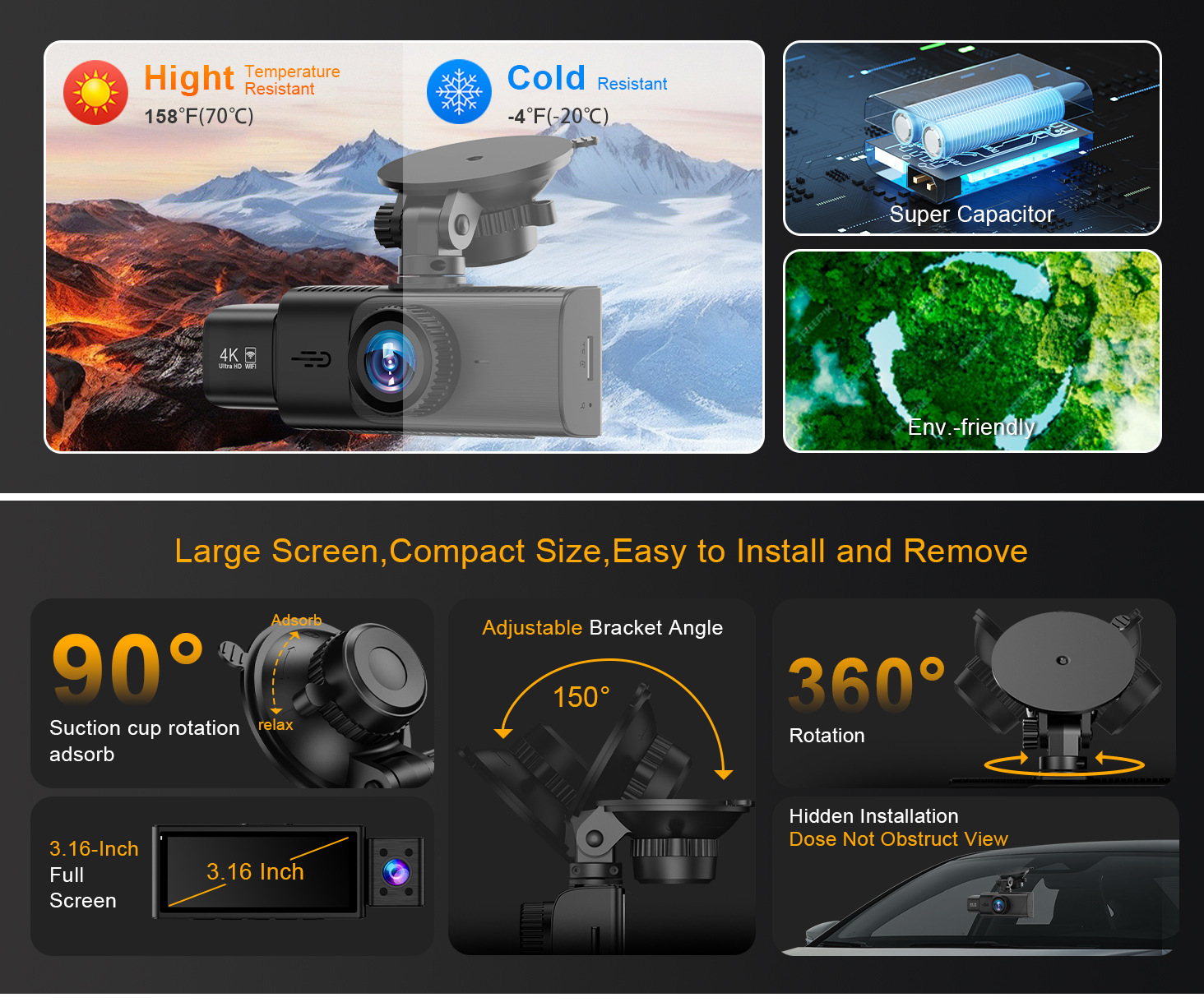 Cross-border 4K triple-camera dashcam with GPS tracking, wide-angle night vision, three-lens WIFI recorder, and reverse camera