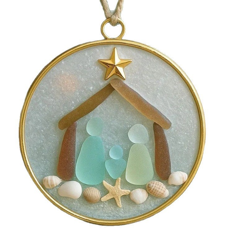 跨境Sea Glass Nativity Christmas Ornament圣诞装饰挂件 海玻璃|undefined