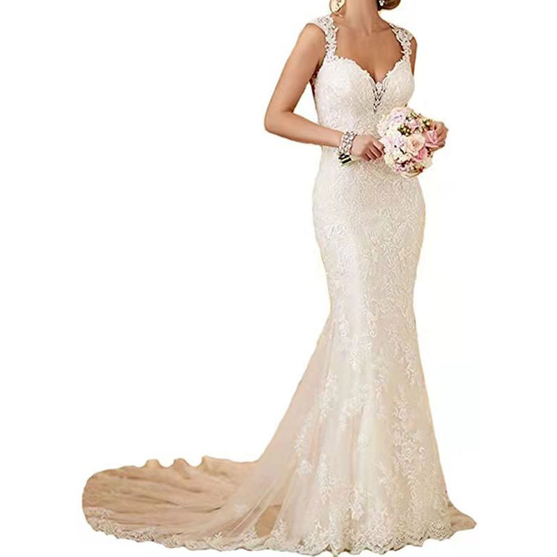 Comercio exterior europeo y americano Amazon AliExpress deseo elegante vestido de novia con cuello en V largo elegante simple vestido de novia vestido de cola de pez