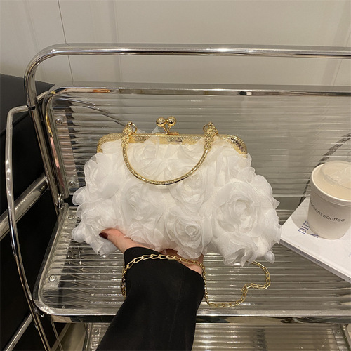 Chiffon 3D Flower Evening Bag, Champagne-Colored for Women's Cheongsam Style, Handmade Gown Bag with Chain Detail, Tote Bag