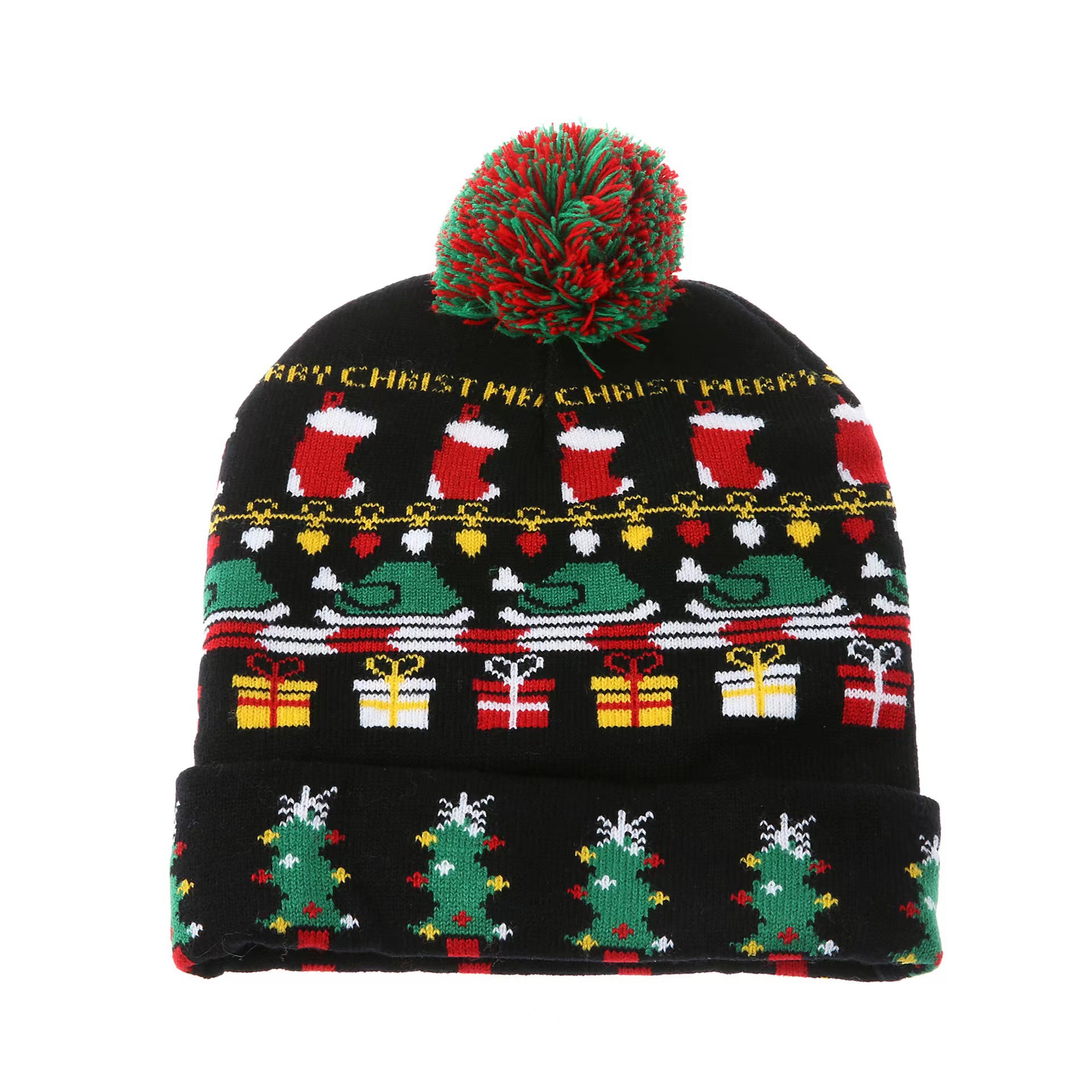 Sombrero de lana de Navidad LED de jacquard de acrílico completo de hilo genuino, gorro de Navidad de punto cálido de otoño e invierno