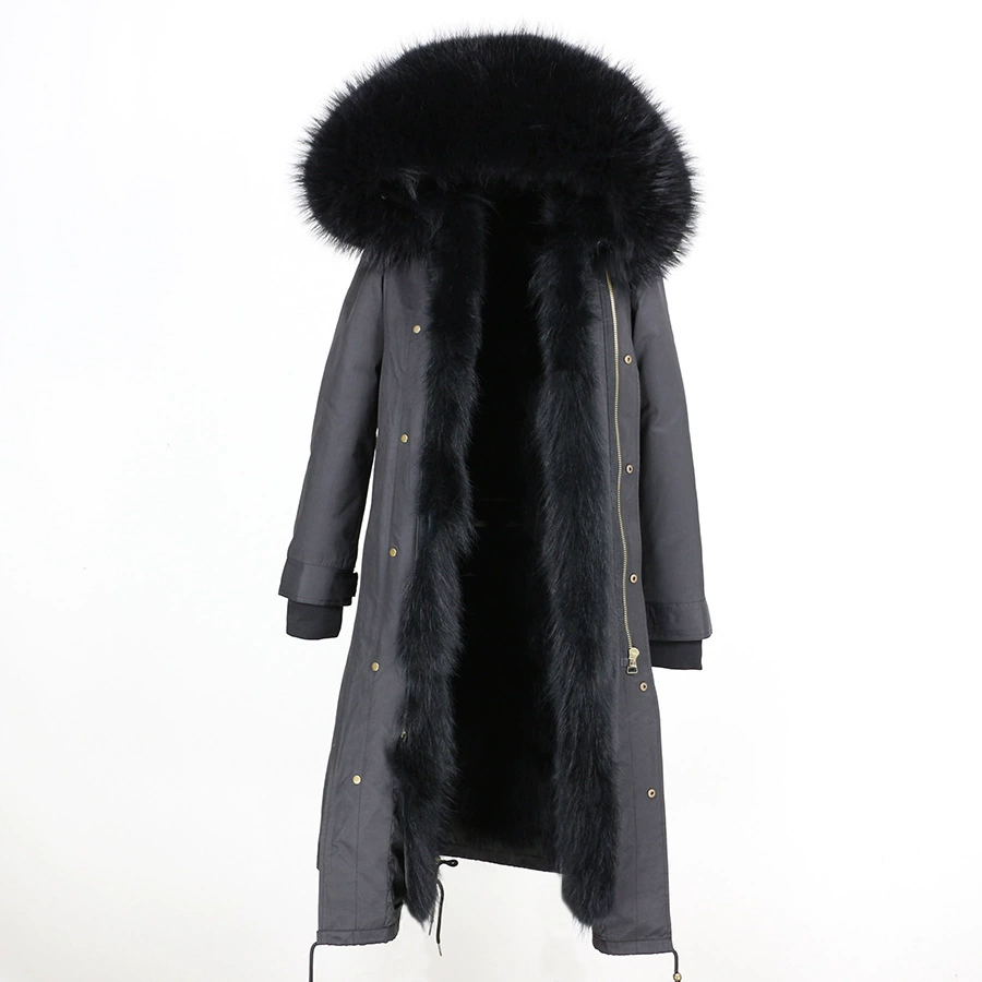Raccoon‑dog fur mid‑length parka with large fur hood, water‑resistant outer, sizes XS–XXL