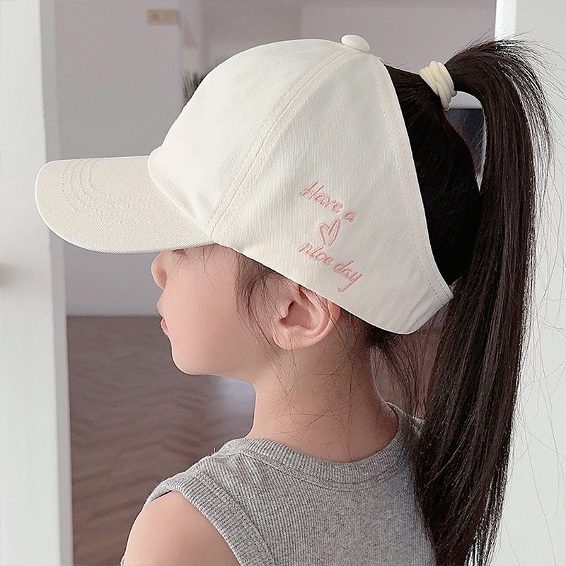 儿童爱心棒球帽 夏季可扎高马尾鸭舌帽可爱女孩半空顶遮阳防晒帽|undefined