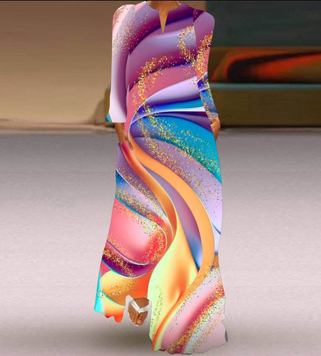 2024 European and American Amazon Spring and Summer Cross-border New Women's Long Skirt V-neck Long Sleeve Pocket Print Loose Dress