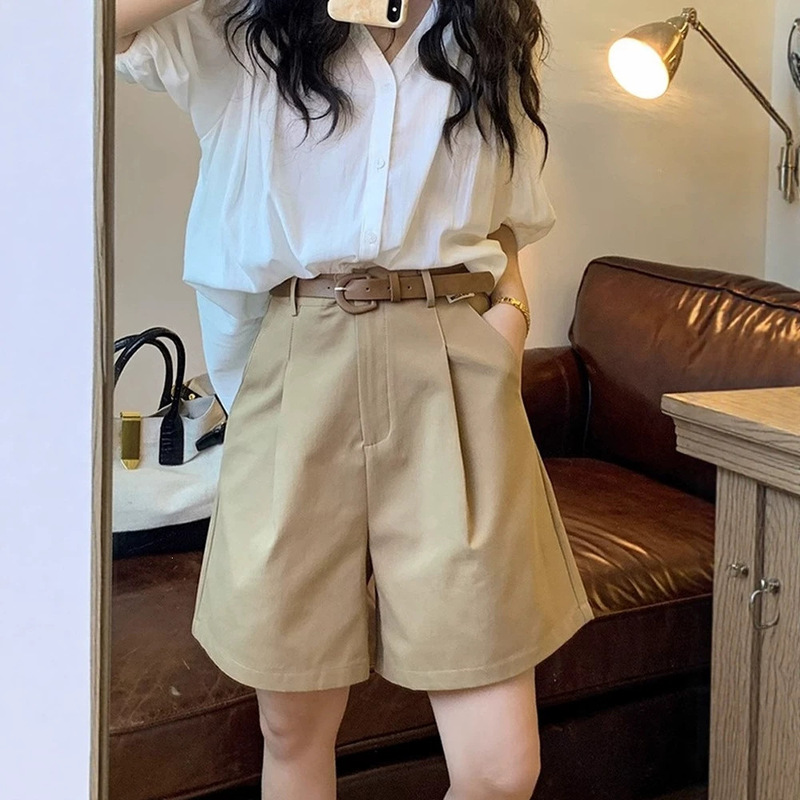 Khaki High-Waisted Casual Shorts for Women, Summer Plus-Size Versatile Slimming Straight A-Line Five-Point Wide-Leg Mid-Length Pants Khaki High-Waisted Casual Shorts for Women, Summer Plus-Size Versatile Slimming Straight A-Line Five-Point Wide-Leg Mid-Length Pants