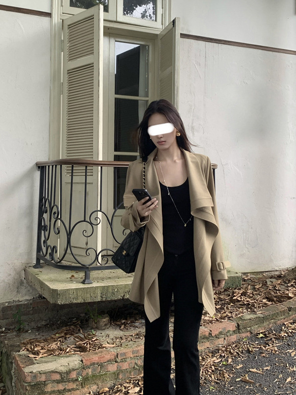 5werkwen 北川景子古早风衣 荷叶领短款大翻领风衣外套气质大衣|undefined