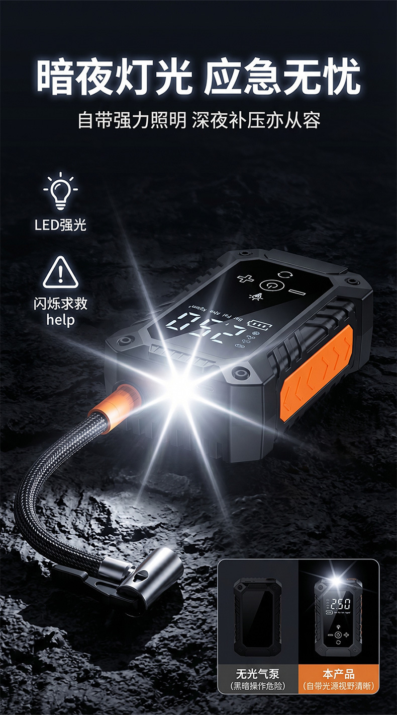 Car air pump, portable smart wireless digital display inflator, multifunctional tire emergency car air pump